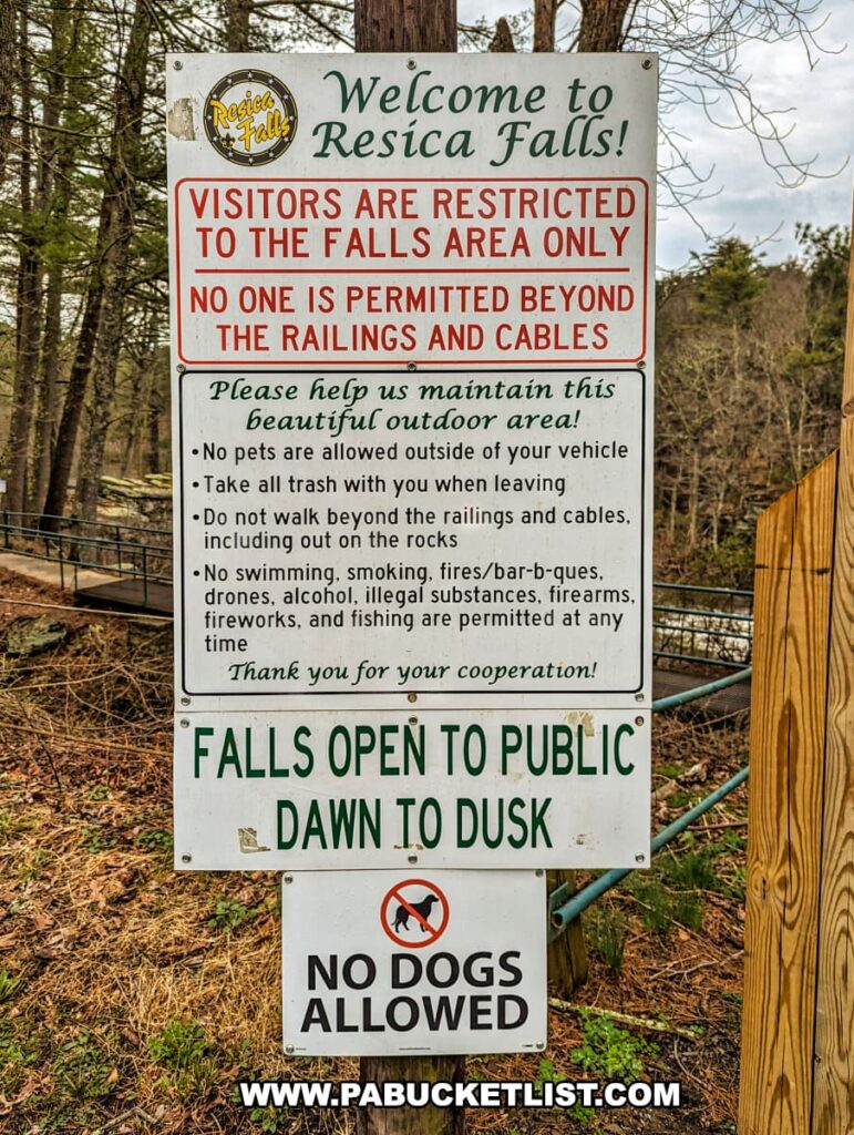 A welcoming sign at Resica Falls in Monroe County, Pennsylvania, informs visitors of the rules and regulations. The sign reads "Welcome to Resica Falls! Visitors are restricted to the falls area only. No one is permitted beyond the railings and cables," followed by additional guidelines to help maintain the beauty of the area, such as no pets outside of vehicles, taking all trash, and prohibitions on swimming, smoking, and the use of drones, among others. It also states that the falls are open to the public from dawn to dusk and indicates that no dogs are allowed, all underlined by the overarching request for cooperation from those who visit this scenic location within the Resica Falls Scout Reservation.