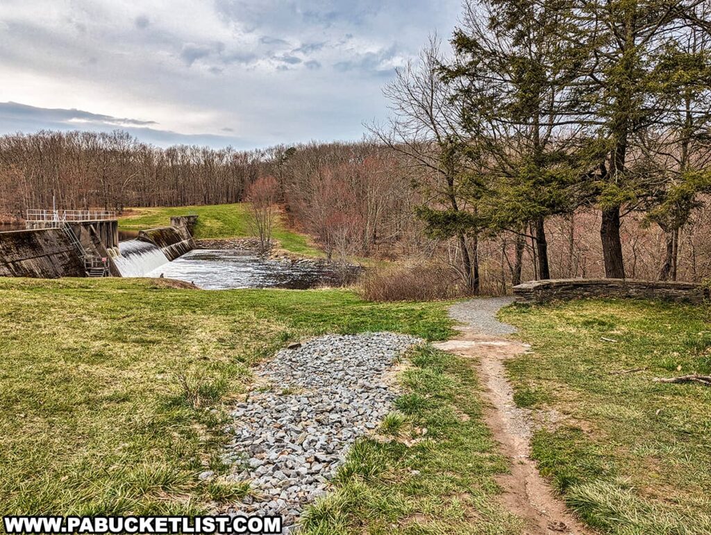 The photograph captures a tranquil scene at Shohola Falls in Pike County, Pennsylvania, viewed from a grassy area leading to a dirt path edged with stones. The path winds towards a small dam where water is spilling over into a calm pool below, surrounded by the leafless trees of early spring. Several evergreens punctuate the landscape, providing year-round color. The sky is a blend of white and blue, with clouds suggesting an early spring day. This vantage point offers a serene perspective on the man-made dam above the falls, integrated into the natural beauty of the location.