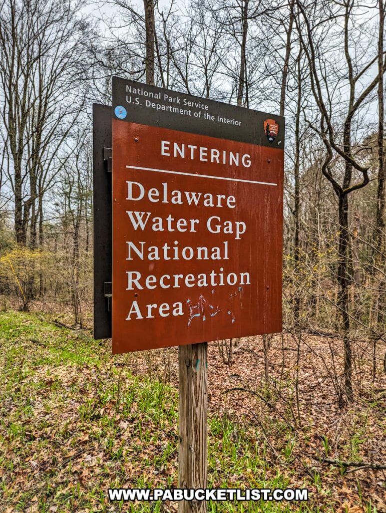 Entering the Delaware Water Gap National Recreation Area sign near Upper Slateford Creek Falls in Northampton County Pennsylvania.