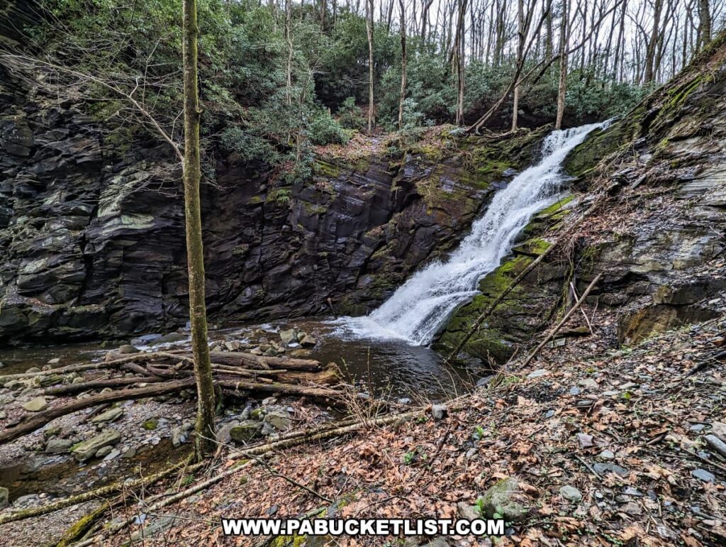 Side view of Middle Slateford Run Falls in the Delaware Water Gap National Recreation Area in Northampton County Pennsylvania.