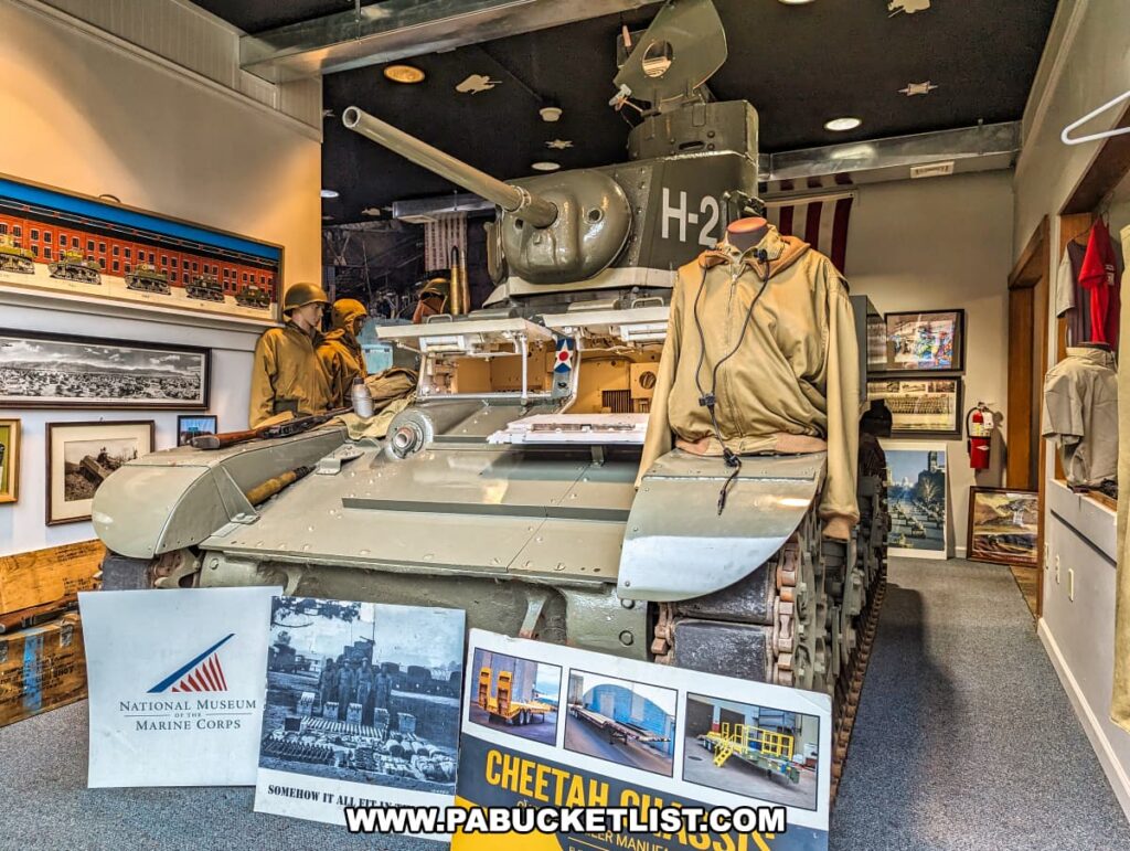 The image displays an exhibit at the Stuart Tank Museum in Berwick, Pennsylvania, with a fully assembled M3 Stuart Light Tank and mannequins dressed in period military uniforms, surrounded by historical photographs and informational displays, including one from the National Museum of the Marine Corps.