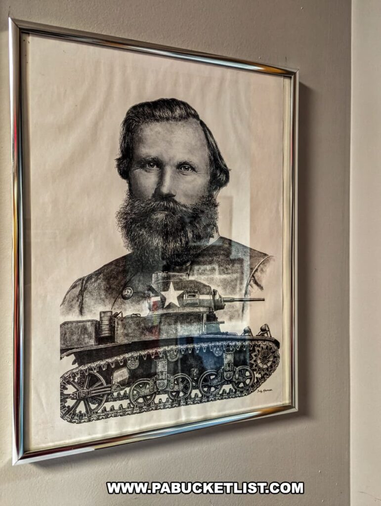 A framed artwork displayed at the Stuart Tank Museum in Berwick, Pennsylvania, featuring a black and white illustration of General J.E.B. Stuart, the namesake of the Stuart Tank, with a superimposed image of an M3 Stuart tank at the bottom.