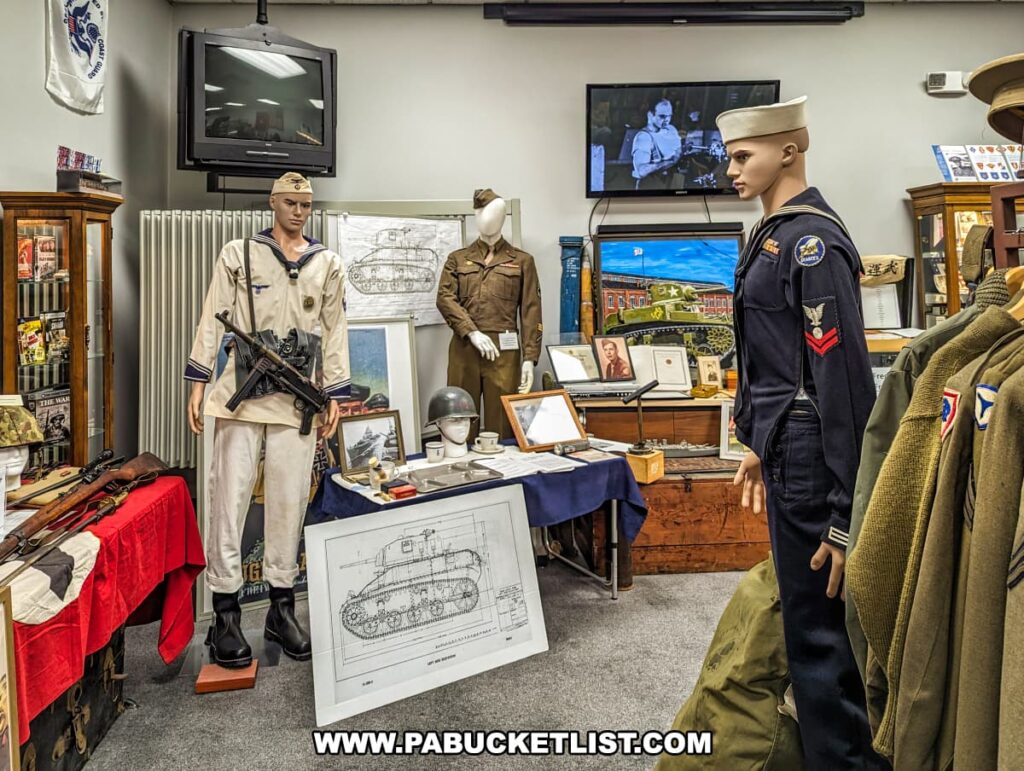 An exhibit at the Stuart Tank Museum in Berwick, Pennsylvania, showcases mannequins in World War II naval and aviation uniforms, a variety of memorabilia including weapons, helmets, and documents, with a television screen displaying historical footage above.
