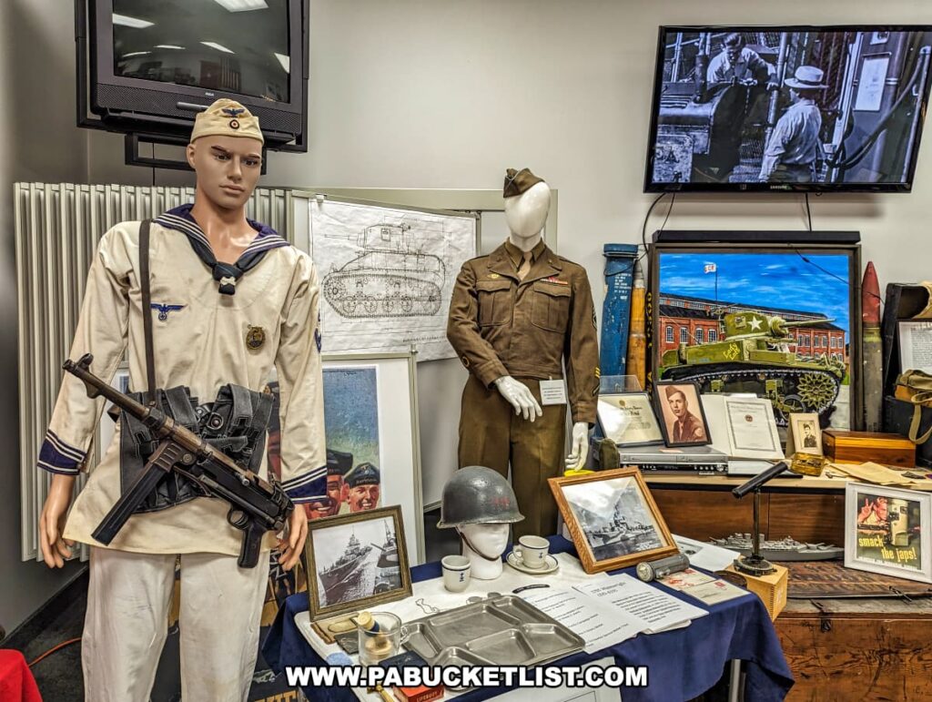 The display at the Stuart Tank Museum in Berwick, Pennsylvania, features mannequins dressed in World War II U.S. Navy and Army uniforms, military gear, framed historical documents, and a television screen showing vintage film footage, providing an immersive historical experience.