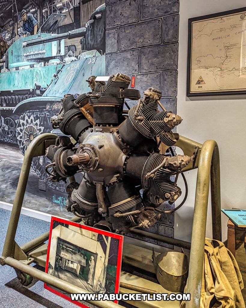 An exhibit at the Stuart Tank Museum in Berwick, Pennsylvania, showing an air-cooled radial engine on a display stand with a Stuart tank mural in the background, accompanied by a historical photo and a map of the English Channel on the wall.