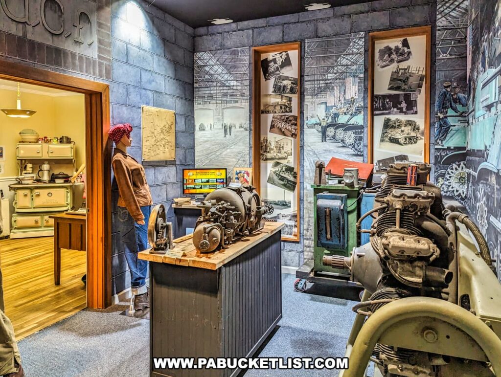 An exhibit within the Stuart Tank Museum in Berwick, Pennsylvania, featuring a mannequin dressed in vintage factory worker attire, various World War II-era engines and equipment on display, and walls adorned with murals and historical photographs showcasing tank production.