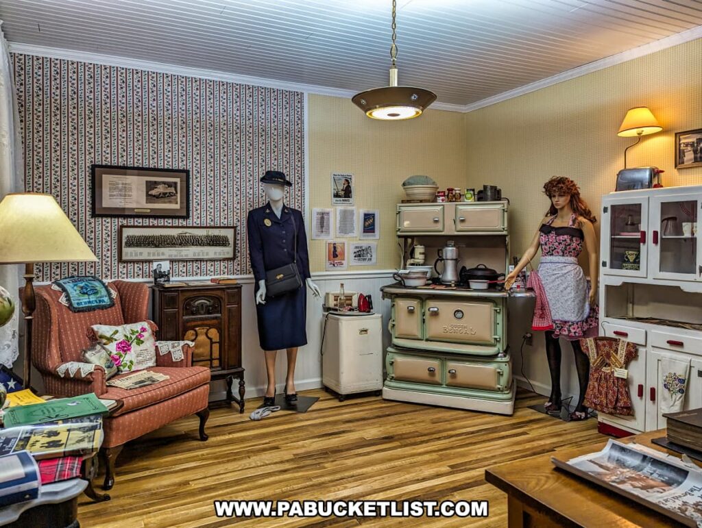 Inside the Stuart Tank Museum in Berwick, Pennsylvania, a display recreating a WWII-era home interior with vintage furnishings, including a floral armchair, a green antique stove, a mannequin dressed in a period blue uniform, and another in a red and white apron, all surrounded by period-appropriate decor and information panels.