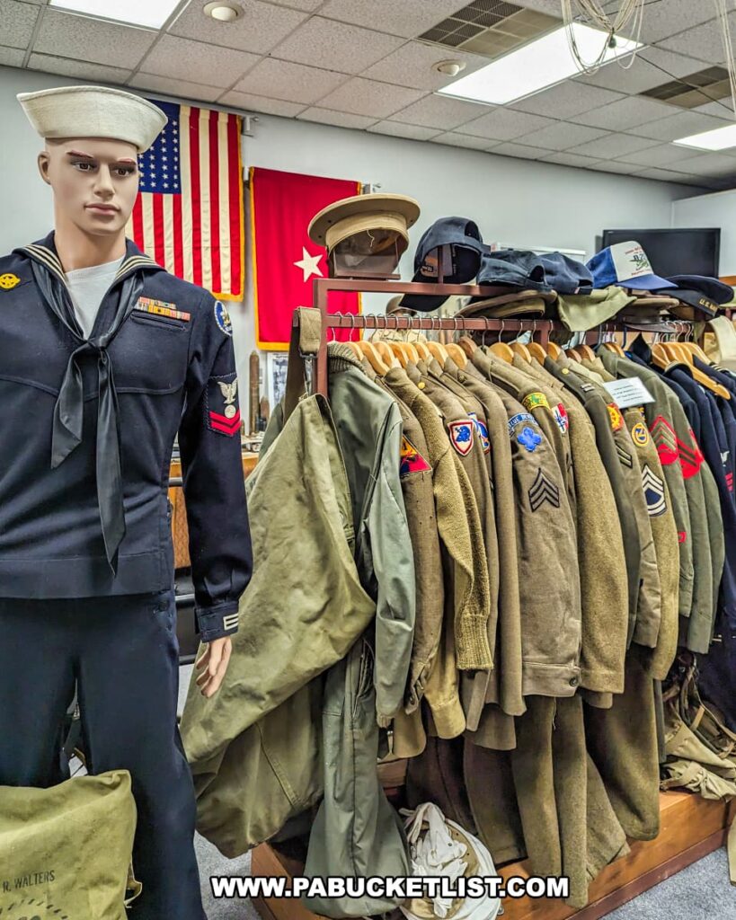 Inside the Stuart Tank Museum in Berwick, Pennsylvania, a mannequin dressed in a naval uniform stands beside a rack of World War II military jackets with various unit patches, with American and service flags as the backdrop.