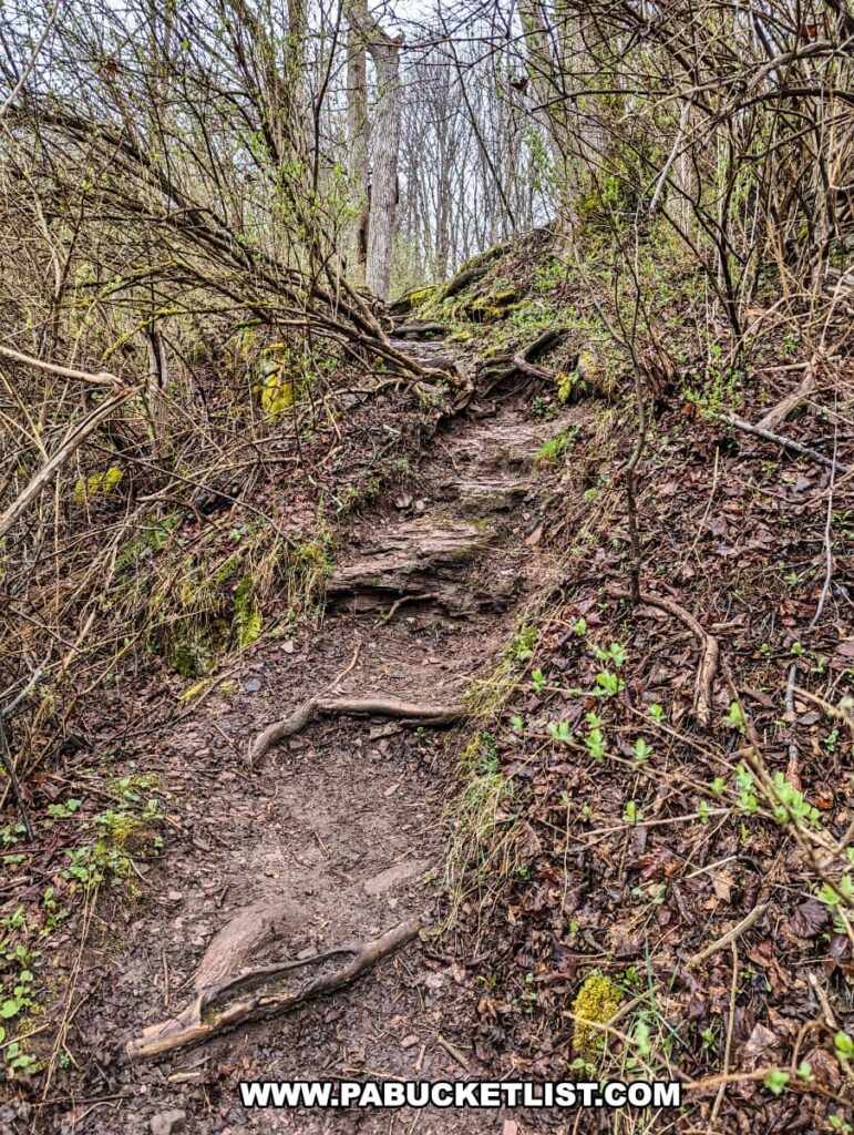 A rustic hiking trail leading towards Tanners Falls on State Game Lands 159 in Wayne County, Pennsylvania. The path is narrow and edged with emerging spring greenery, exposed roots, and moss-covered rocks, evoking a sense of adventure. The trail meanders uphill, flanked by leafless trees and brush, hinting at the area's natural history and the nearby waterfall and tannery ruins from the early 20th century.