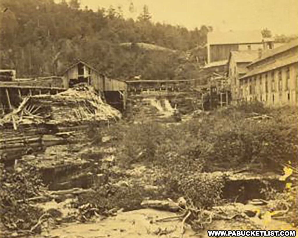 An antique sepia-toned photograph captures the historic tannery at Tanners Falls in Wayne County, Pennsylvania, once a site of industry nestled in the natural landscape. The image shows a collection of wooden buildings, possibly part of the tannery operations, alongside the cascading 20-foot falls. Debris and lumber are scattered in the foreground, indicative of the activity that once thrived here. In the background, forested hills rise, giving context to the location within State Game Lands 159, where the remnants of this tannery would stand until 1931, now a scene of quiet ruins.