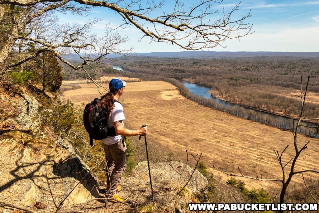 A hiker stands on a vantage point along the Cliff Trail in Pike County, Pennsylvania, observing the Delaware River from above. With a blue cap, long hair, white tee, beige pants, and yellow hiking boots, the person is equipped with a black backpack and trekking pole. A bare-branched tree arches overhead while the river curves gracefully through brown fields and forested land, a testament to early spring or late fall. The sky is mostly clear, accentuating the natural beauty of the region's rolling hills extending into the horizon.