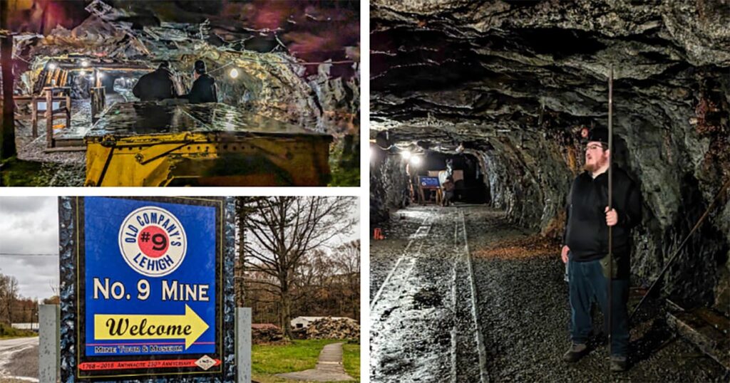 A three-part photo collage from the Number 9 Coal Mine and Museum in Carbon County, PA. The top-left image shows two visitors riding in a rugged yellow mine cart as they enter the shadowy mine entrance. The top-right picture features a man standing inside the mine, holding a long wooden beam, with the vast expanse of the dark tunnel stretching behind him. The bottom image displays the mine's welcoming sign in blue with the Old Company's Lehigh logo, inviting visitors to the "No. 9 Mine" for tours and museum exploration. The images together offer a snapshot of the educational and immersive experience available at this historic mining site.