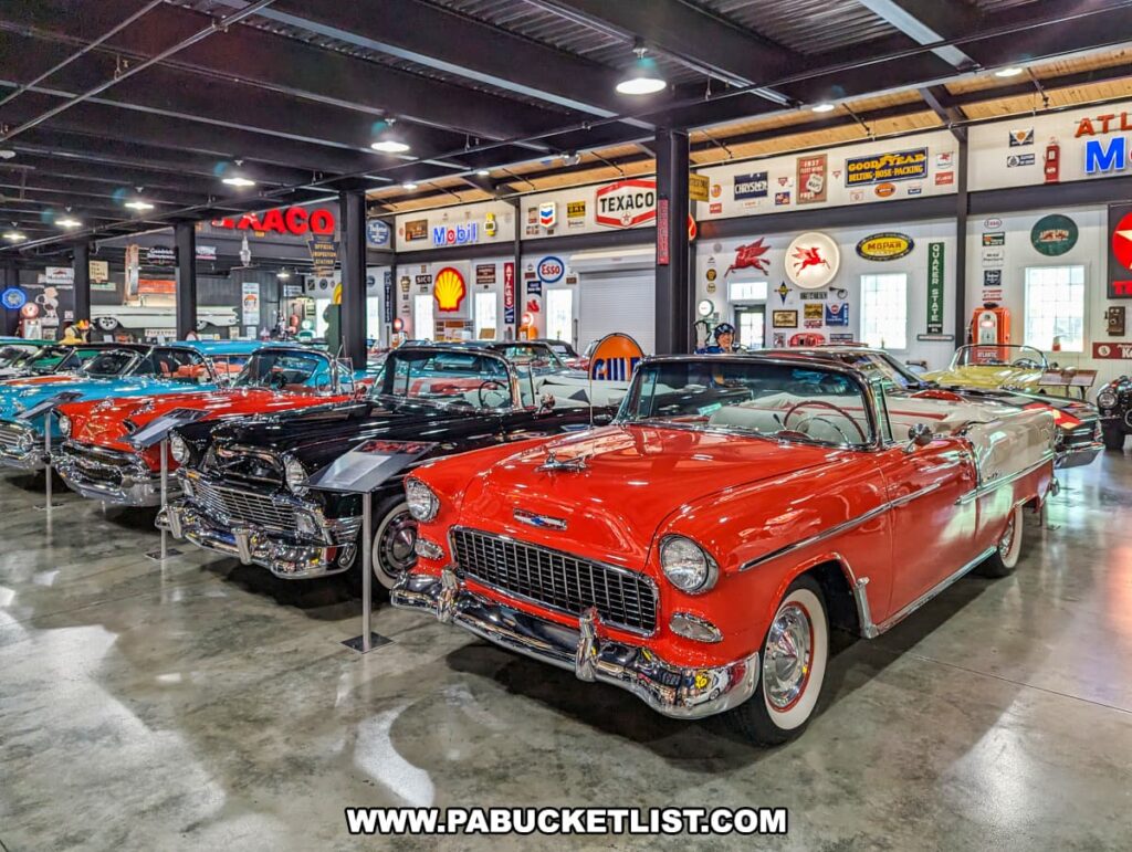 A row of classic American muscle cars from the 50s, 60s, and 70s displayed at Barry's Car Barn in Lancaster County, Pennsylvania. The collection includes brightly colored convertibles and coupes, such as a red 1955 Chevrolet Bel Air in the foreground. The museum setting features vintage automotive signs and memorabilia, capturing the essence of mid-20th century American car culture.