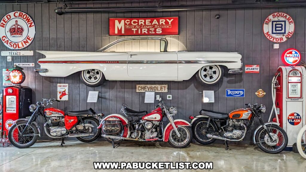 A display at Barry's Car Barn in Lancaster County, Pennsylvania, featuring the side profile of a white Chevrolet Impala mounted on a wall above a collection of vintage motorcycles. The exhibit includes red and orange bikes from brands like Triumph and Harley-Davidson. The background is adorned with retro gas station signs and automotive memorabilia, capturing the nostalgic atmosphere of mid-20th century American car culture.