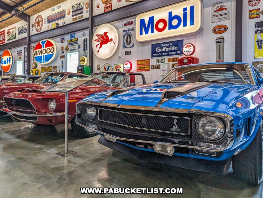 A display of classic muscle cars at Barry's Car Barn in Lancaster County, Pennsylvania, featuring a blue Shelby GT500 Mustang in the foreground. Next to it are two red Shelby GT350 Mustangs. The exhibit is adorned with retro automotive signs from brands like Mobil, Amoco, Gulf, and Pegasus, highlighting the museum's focus on American muscle cars from the 50s, 60s, and 70s. The polished concrete floor and colorful signage create a nostalgic atmosphere.