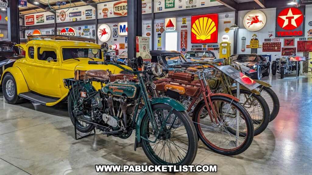 A collection of antique motorcycles, including a green Harley-Davidson, displayed at Barry's Car Barn in Lancaster County, Pennsylvania. The vintage bikes are showcased alongside a bright yellow classic car, with a backdrop of retro automotive signs and memorabilia from brands like Texaco, Shell, and Mobil. The museum setting emphasizes the rich history of American muscle cars and motorcycles from the mid-20th century.