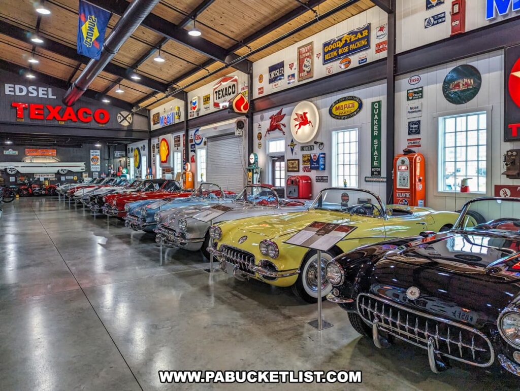 A row of classic Chevrolet Corvettes displayed at Barry's Car Barn in Lancaster County, Pennsylvania. The collection includes various models in different colors, such as yellow, black, and blue. The cars are arranged in a spacious indoor setting adorned with vintage automotive signs and memorabilia from brands like Texaco, Mobil, and Shell, highlighting the museum's focus on American muscle cars from the 50s, 60s, and 70s.
