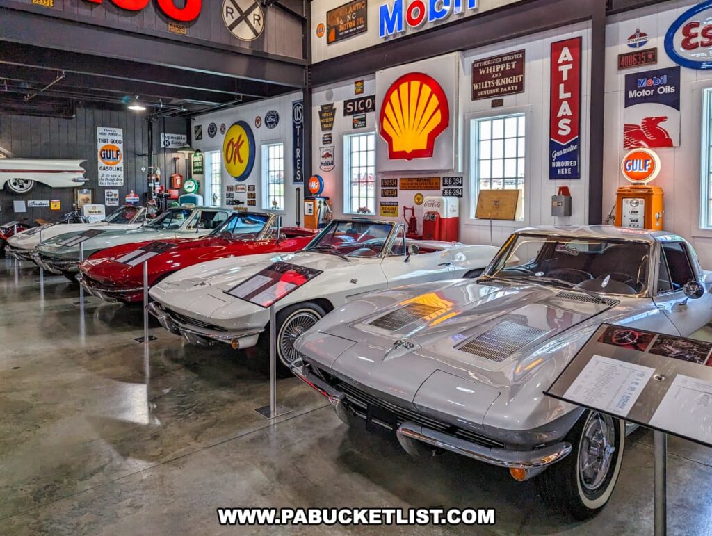 A display of vintage Corvettes at Barry's Car Barn in Lancaster County, Pennsylvania, featuring several models in colors such as white, red, and silver. The cars are lined up neatly in a spacious indoor exhibit adorned with retro automotive signs from brands like Shell, Mobil, Gulf, and Atlas. The setting highlights the museum's focus on American muscle cars from the 50s, 60s, and 70s, with a nostalgic atmosphere created by the polished concrete floor and vintage memorabilia.
