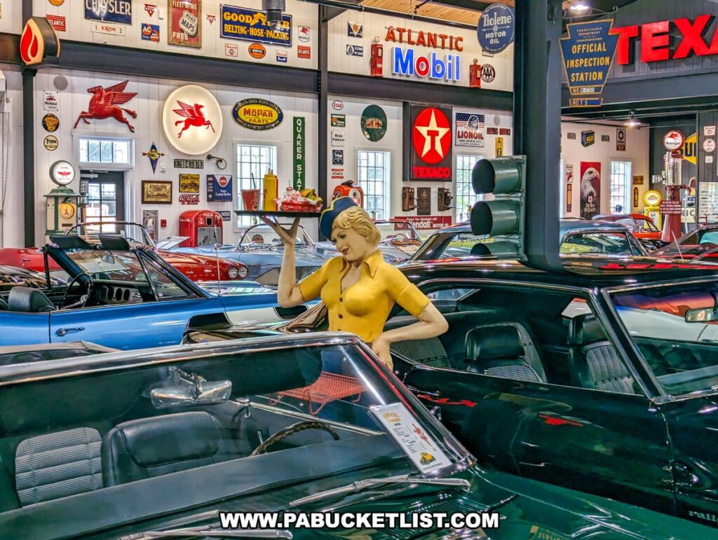 A display at Barry's Car Barn in Lancaster County, Pennsylvania, featuring a variety of classic muscle cars from the 50s, 60s, and 70s. The exhibit includes a lifelike statue of a waitress holding a tray with food, adding to the nostalgic atmosphere. The background is adorned with vintage automotive signs and memorabilia from brands like Texaco, Mobil, and Mopar, creating a retro setting that highlights the museum's focus on American car culture.