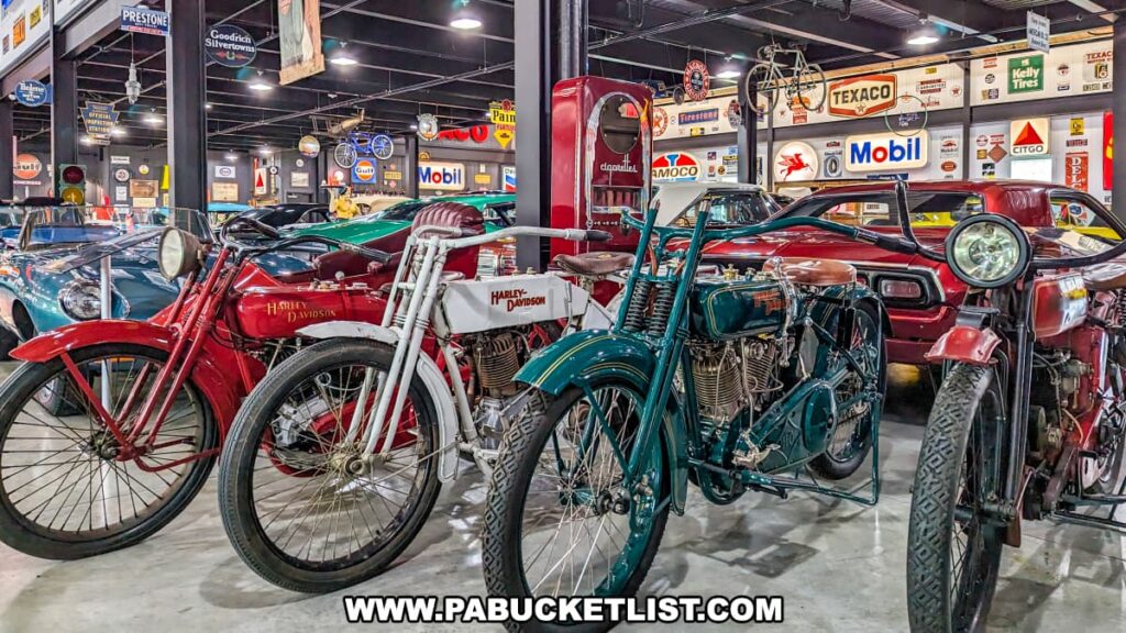 A display of vintage Harley-Davidson motorcycles at Barry's Car Barn in Lancaster County, Pennsylvania, featuring red, white, and green models. The exhibit includes a variety of classic muscle cars in the background, along with retro automotive signs from brands like Mobil, Amoco, and Texaco. The museum setting highlights the rich history of American automotive and motorcycle culture from the 50s, 60s, and 70s.