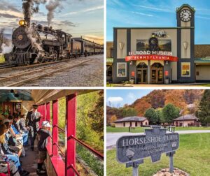 A collage showing 4 of the best railroad-themed attractions in Pennsylvania, including the East Broad Top Railroad, the Railroad Museum of Pennsylvania, The Lehigh Gorge Scenic Railway, and the Horseshoe Curve.