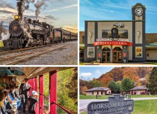 A collage showing 4 of the best railroad-themed attractions in Pennsylvania, including the East Broad Top Railroad, the Railroad Museum of Pennsylvania, The Lehigh Gorge Scenic Railway, and the Horseshoe Curve.