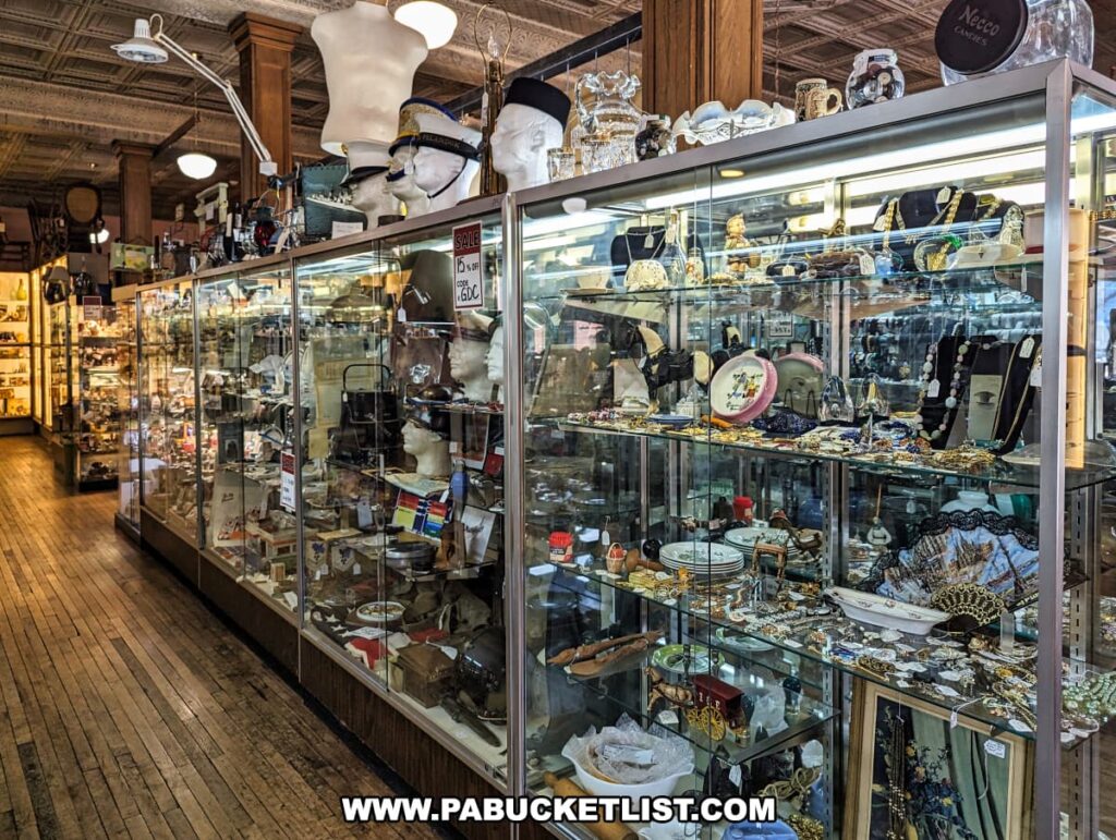 A view inside the Burning Bridge Antiques Market in Lancaster County, PA, showing glass display cases filled with various antiques and collectibles. Items include vintage hats, jewelry, porcelain dishes, decorative fans, and other curios. The store features wooden floors and a high, patterned ceiling, creating a charming and nostalgic atmosphere. Signs indicate items on sale, and the environment is well-lit, showcasing the diverse array of treasures offered by more than 200 vendors in this expansive, three-story antique store.
