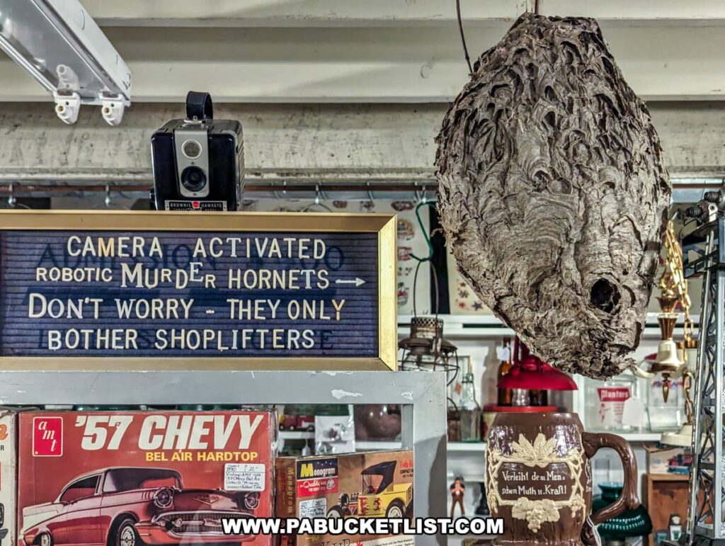 A whimsical display at the Burning Bridge Antiques Market in Lancaster County, PA, featuring a vintage camera and a humorous sign. The sign reads "Camera Activated Robotic Murder Hornets - Don't worry - they only bother shoplifters," adding a playful touch to the antique store's atmosphere. Next to the sign hangs a large, realistic-looking wasp nest. The display also includes other vintage items, such as a model car box for a '57 Chevy and a decorative beer stein, highlighting the eclectic mix of antiques and collectibles available from the numerous vendors in the store.
