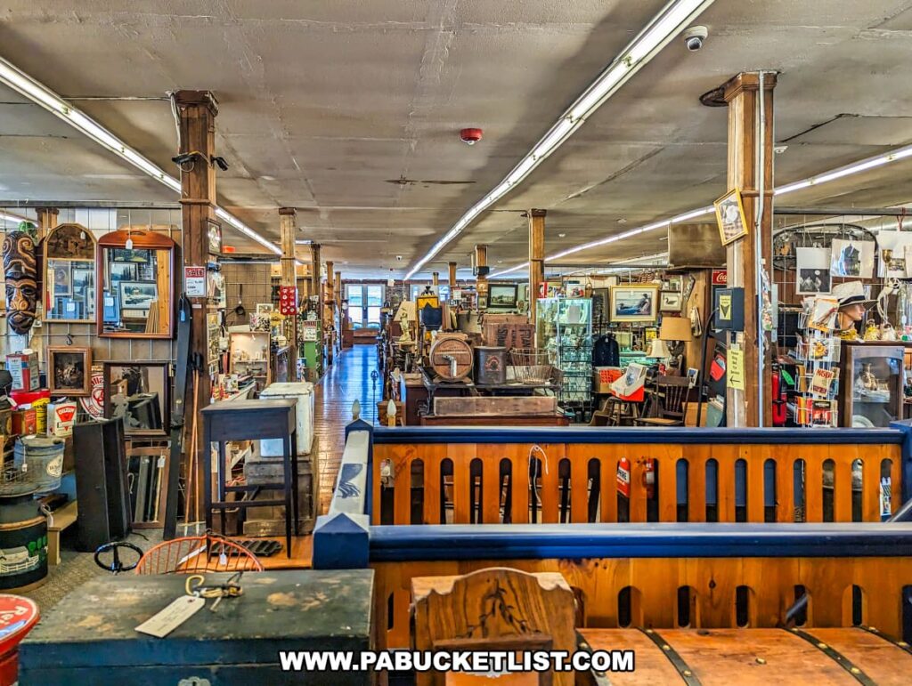 A spacious interior view of the Burning Bridge Antiques Market in Lancaster County, PA, showcasing a large room filled with various antique items and furniture. The room features wooden pillars and beams, with a mix of shelves, display cases, and individual pieces like chests, tables, and chairs. Items include vintage signs, framed pictures, decorative objects, and collectibles. The ceiling is lined with fluorescent lights, providing ample illumination for the vast array of antiques available from over 200 vendors. The floor is wooden, adding to the historic and charming atmosphere of the store.