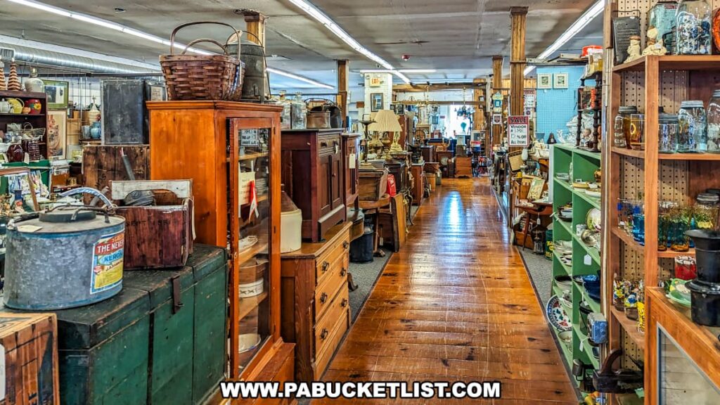 A well-organized aisle at the Burning Bridge Antiques Market in Lancaster County, PA, featuring an array of antique furniture and collectibles. The aisle is lined with wooden cabinets, chests, and shelves filled with vintage items such as baskets, lamps, and various decorative pieces. The polished wooden floor and ceiling beams contribute to the store's historic and cozy ambiance. The aisle stretches toward the back of the store, showcasing the extensive collection available from over 200 vendors, providing a treasure trove of unique and nostalgic items for visitors to explore.