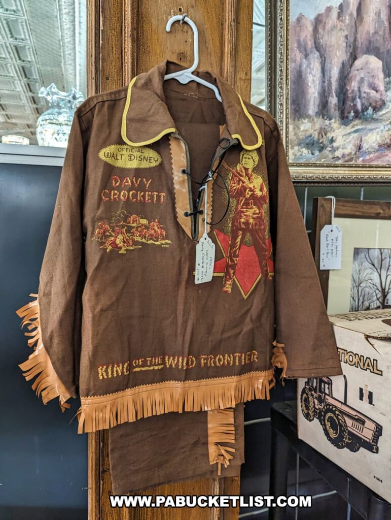 A vintage Davy Crockett costume on display at the Burning Bridge Antiques Market in Lancaster County, PA. The costume includes a brown shirt with fringe details and yellow trim on the collar. It features colorful graphics and the text "Official Walt Disney Davy Crockett" and "King of the Wild Frontier." The costume is hung on a wooden hanger against a rustic wooden backdrop, with other vintage items and framed artwork visible in the background. This display highlights the diverse and nostalgic collection of antiques available at this expansive market with over 200 vendors.