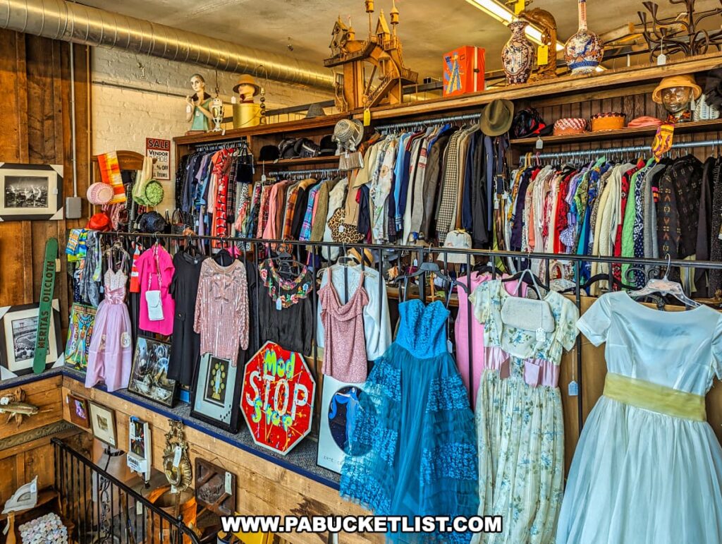 A vibrant display of vintage clothing at the Burning Bridge Antiques Market in Lancaster County, PA. The image showcases racks filled with a wide variety of colorful dresses, suits, and other vintage garments. Below the racks, additional items are artfully arranged, including framed pictures, signs, and decorative objects. The display is set against a backdrop of wooden walls and industrial piping, enhancing the eclectic and nostalgic atmosphere of the market. Mannequins, hats, and various knick-knacks adorn the top shelf, adding to the charm and character of this expansive antique store with over 200 vendors.