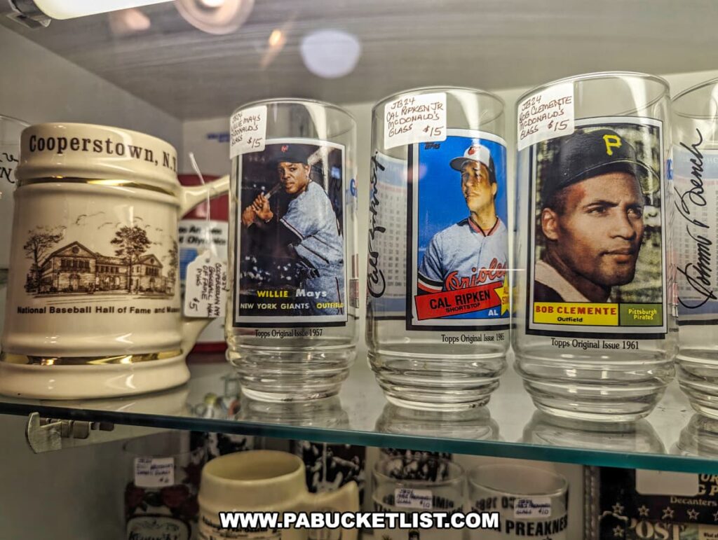A display of vintage baseball-themed drinkware at the Burning Bridge Antiques Market in Lancaster County, PA. The items include collectible glasses featuring famous baseball players like Willie Mays, Cal Ripken Jr., and Bob Clemente, each with their image and team details. Next to the glasses is a ceramic mug from Cooperstown, NY, home of the National Baseball Hall of Fame and Museum. The glasses and mug are neatly arranged on a glass shelf, reflecting the variety of sports memorabilia available from the numerous vendors at this extensive antique store.