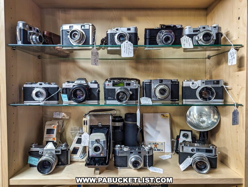 A display of vintage film cameras at the Burning Bridge Antiques Market in Lancaster County, PA. The glass shelves hold an array of classic cameras from different eras, including models from Kodak, Minolta, and other well-known brands. Each camera is tagged with a description and price, showcasing their collectible value. The display also includes related accessories such as camera lenses and a flash unit. The cameras are neatly arranged in a wooden cabinet, highlighting the variety and historical significance of these photographic devices available from the numerous vendors at this extensive antique market.