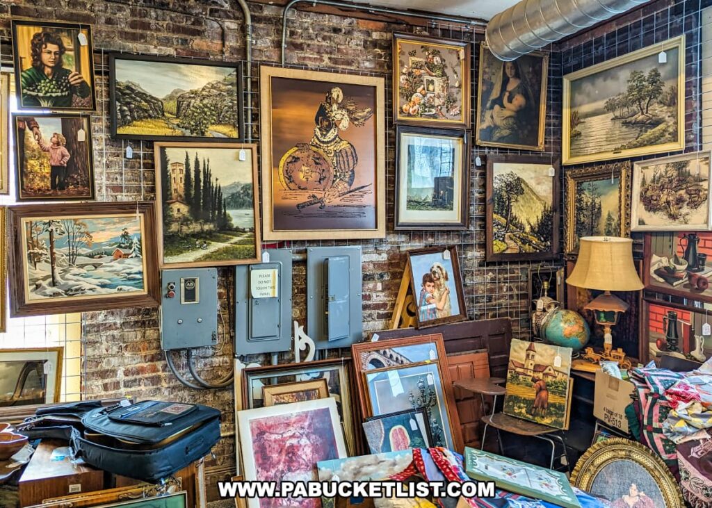 A corner display of vintage paintings and framed artwork at the Burning Bridge Antiques Market in Lancaster County, PA. The brick wall is adorned with a diverse collection of framed pieces, including landscapes, portraits, and decorative art. Additional paintings and frames are stacked on the floor below, creating a visually rich and eclectic mix. The display also includes other vintage items such as a globe, a lamp, and a guitar in a soft case. This area showcases the variety of art and antiques available from the numerous vendors at this expansive market.