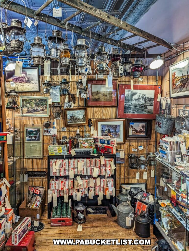 A display of vintage railroading memorabilia at the Burning Bridge Antiques Market in Lancaster County, PA. The display features a variety of antique lanterns hanging from a wooden beam, framed photographs and artwork depicting trains, and shelves filled with boxed Lionel train models. Additional railroading items, such as oil cans and metal containers, are arranged neatly on the floor and in display cases. The walls and ceiling add to the rustic charm, enhancing the nostalgic atmosphere of this section of the market, which offers a wide range of collectibles from over 200 vendors.