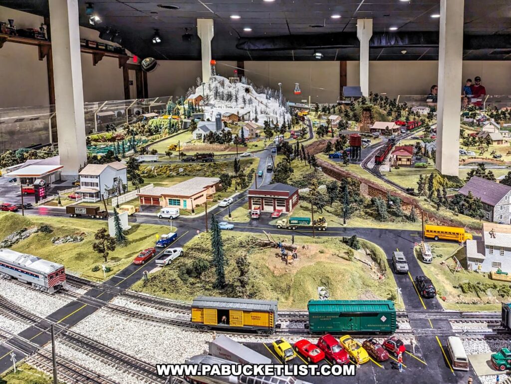 A detailed model train display at the Choo Choo Barn in Lancaster County, PA, featuring intricate miniature buildings, vehicles, and trains. The scene includes a snow-capped mountain with a ski lift, various animated figures, and a bustling town with roads, houses, and shops. Multiple tracks run through the display, showcasing different types of trains, adding to the lively and dynamic atmosphere.