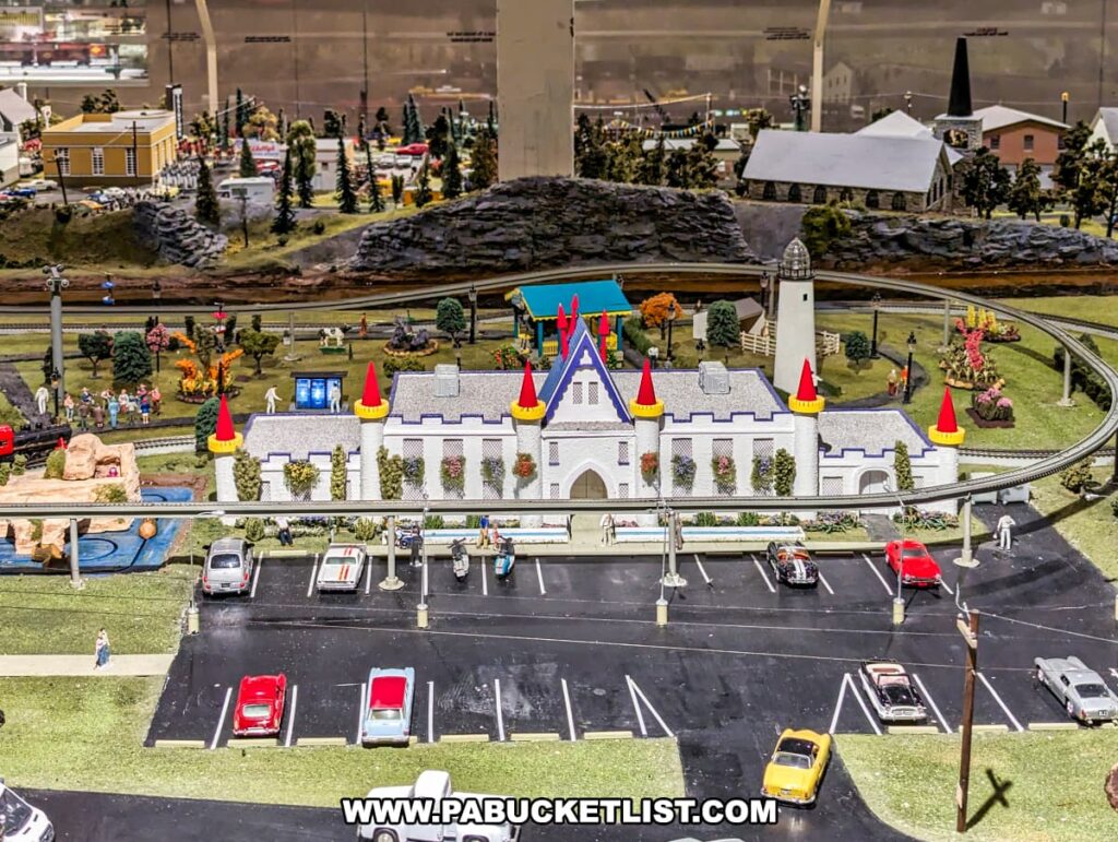 A detailed model train display at the Choo Choo Barn in Lancaster County, PA, featuring a miniature replica of the Dutch Wonderland amusement park with its distinctive castle entrance. The scene includes colorful turrets, a parking lot with various vehicles, and surrounding attractions with animated figures. The display captures the whimsical charm of the amusement park, set amidst a lush landscape with additional miniature buildings and train tracks in the background.