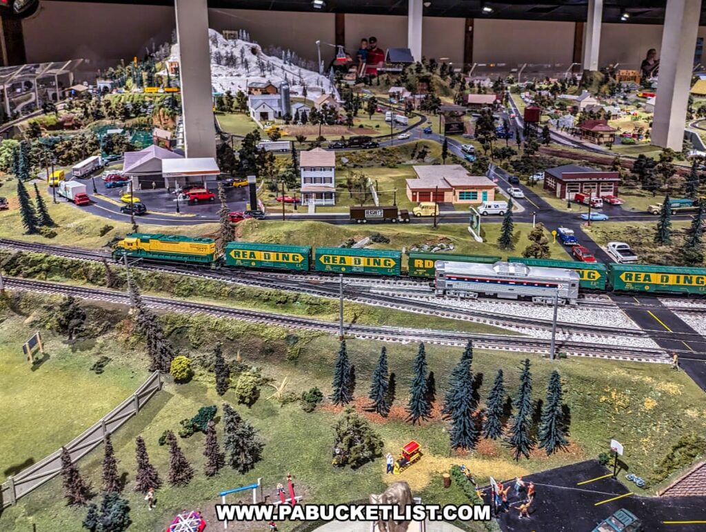 A detailed model train display at the Choo Choo Barn in Lancaster County, PA, featuring a Reading Railroad train running through a miniature town. The scene includes a gas station, houses, various vehicles, and lush landscaping with trees. In the background, there are additional train tracks, a snow-capped mountain with a gondola lift, and various buildings and animated figures, capturing the charm and intricacy of the miniature world.