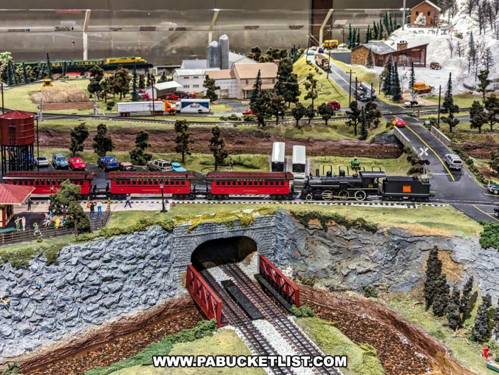 A detailed model train display at the Choo Choo Barn in Lancaster County, PA, featuring a miniature version of the Strasburg Railroad with a steam locomotive and red passenger cars. The scene includes a rocky cliff with a tunnel, a water tower, and a station with animated figures. In the background, there are various buildings, vehicles, and lush landscaping, capturing the charm and essence of the local area in this intricate miniature world.