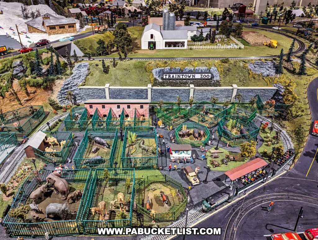 A detailed model train display at the Choo Choo Barn in Lancaster County, PA, featuring a miniature zoo named Traintown Zoo. The zoo includes various animal enclosures with lifelike figures of different animals such as elephants, giraffes, and camels. The scene also features a train passing by the zoo, a small train station, and a building with a sign that reads "Traintown Zoo." Surrounding the zoo are detailed landscapes with roads, vehicles, and additional buildings, capturing the charm and intricacy of this miniature world.