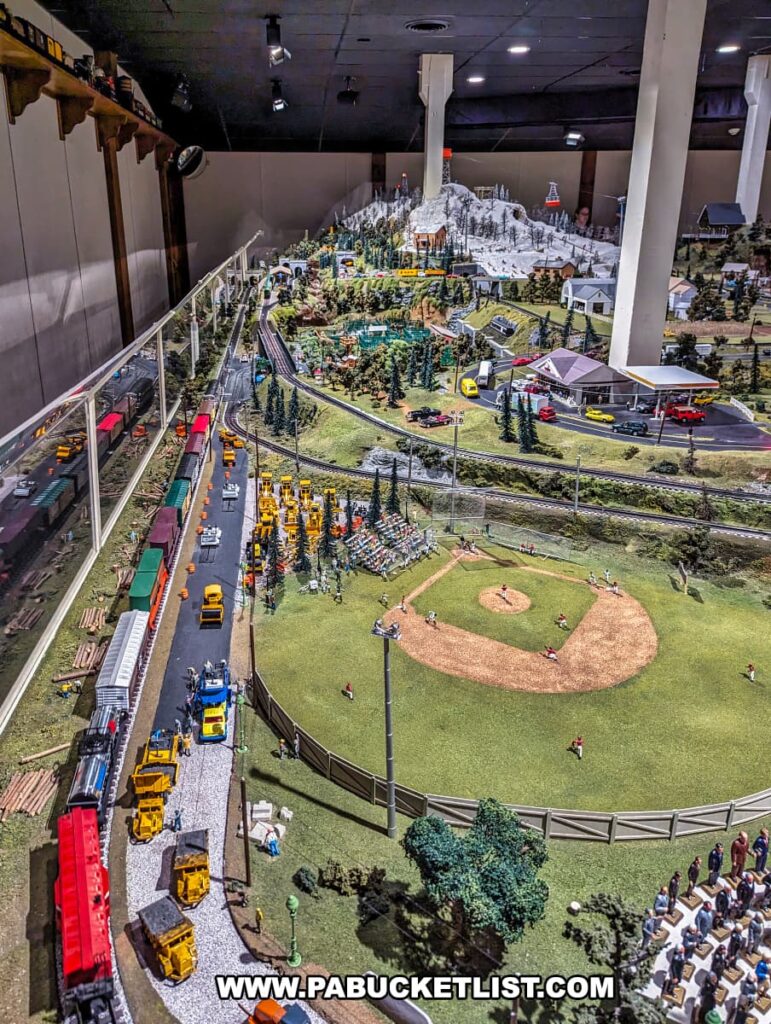 A vibrant model train display at the Choo Choo Barn in Lancaster County, PA, featuring a detailed baseball field with animated players and spectators. Surrounding the field are intricate miniature scenes, including a snow-capped mountain, various buildings, vehicles, and multiple train tracks with different types of trains. The display showcases the lively and dynamic nature of the miniature world, with attention to detail in every aspect.