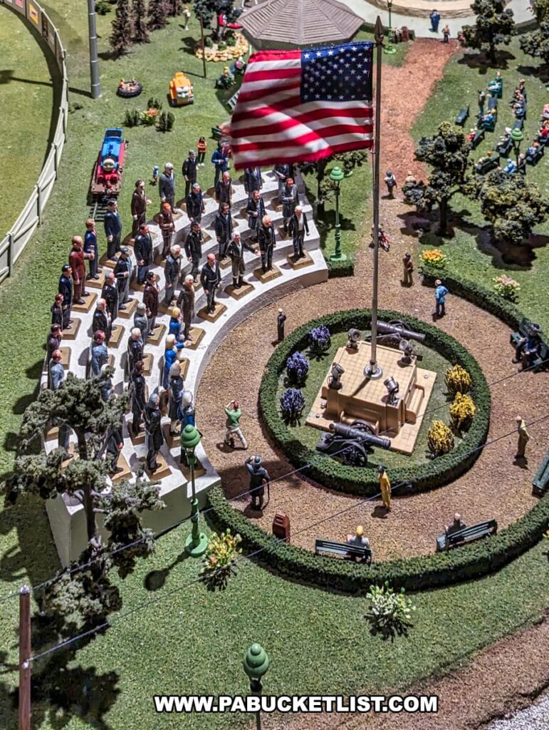 A detailed model display at the Choo Choo Barn in Lancaster County, PA, depicting a gathering of miniature figures representing every United States president, arranged in a semicircle around a flagpole with an American flag. The scene includes surrounding greenery, benches, and a small monument with cannons, capturing a patriotic and historical theme in the miniature world.