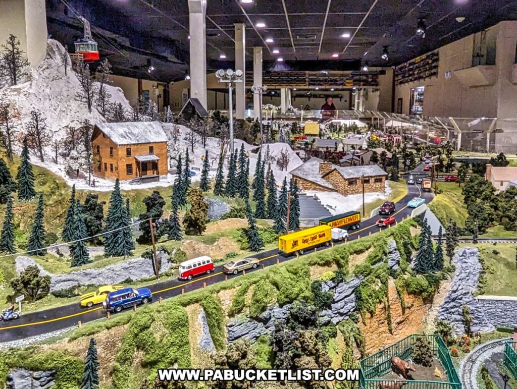 A detailed model train display at the Choo Choo Barn in Lancaster County, PA, featuring a mountainous landscape with a snow-capped peak and a moving gondola lift. The scene includes a winding road with various miniature vehicles, a log cabin, and lush greenery with trees. The intricate details and animated elements create a dynamic and engaging miniature world, capturing the charm and essence of the local area.