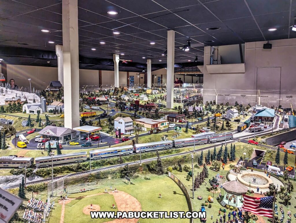 A section of the detailed model train display at the Choo Choo Barn in Lancaster County, PA, featuring a vibrant and dynamic miniature world. The scene includes multiple train tracks with various types of trains, a gas station, houses, and animated figures. Additional elements include a baseball field, a patriotic gathering with an American flag, and a snow-capped mountain with a gondola lift. The intricate details and diverse scenes capture the charm and essence of the local area in this expansive display.