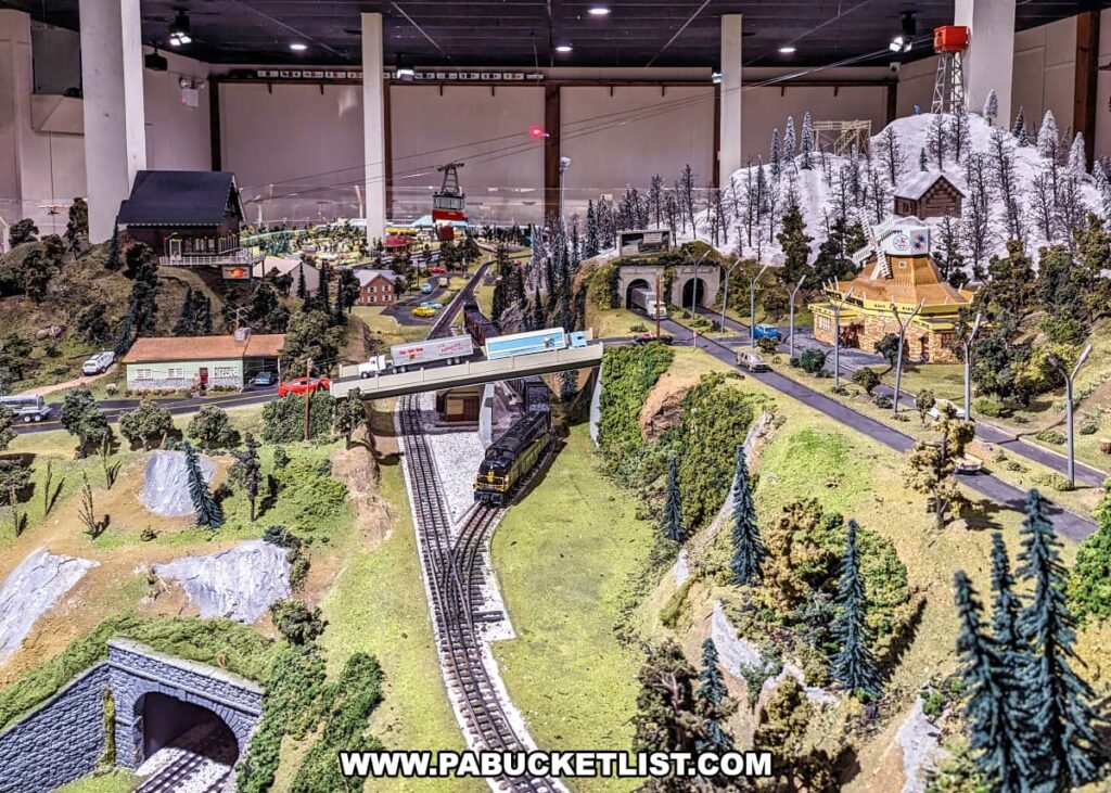 A detailed model train display at the Choo Choo Barn in Lancaster County, PA, featuring a complex landscape with multiple train tracks, a snow-capped mountain with a gondola lift, and a bridge overpass. The scene includes various miniature buildings, vehicles on the roads, and lush greenery with trees. Notable landmarks such as the Dutch Haven Shoo-Fly Pie Shop are also present, capturing the charm and essence of the local area in this intricate and dynamic miniature world.