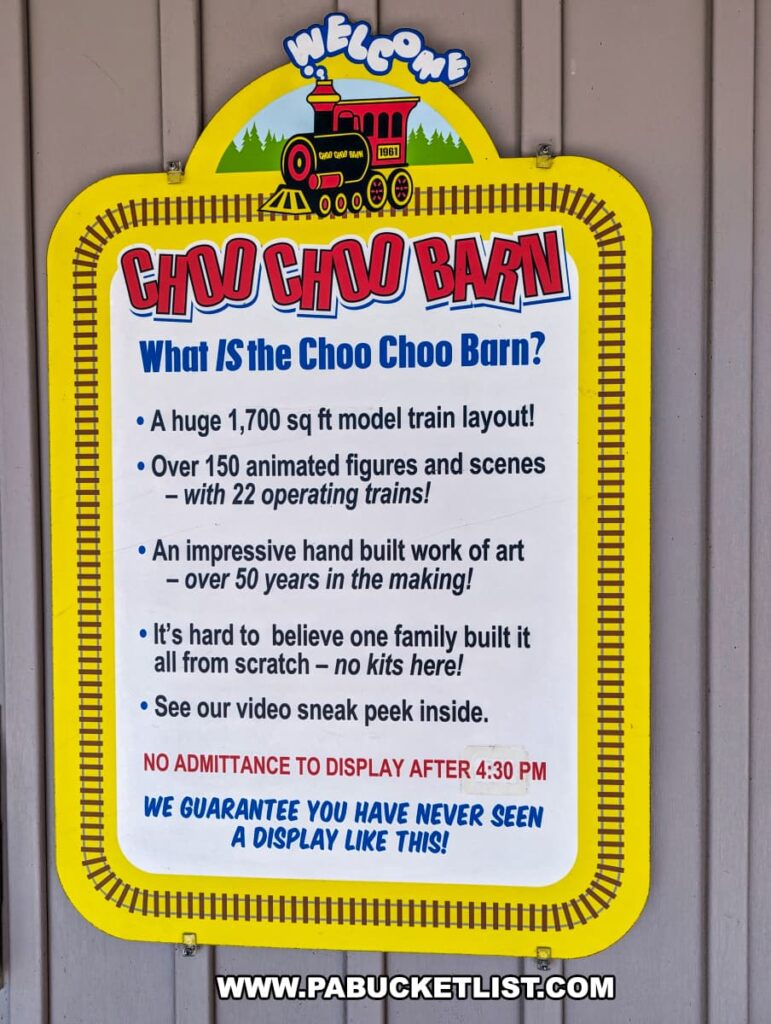 A colorful sign at the Choo Choo Barn in Lancaster County, PA, providing information about the attraction. The sign features a cartoon train at the top and reads "What IS the Choo Choo Barn?" It describes the display as a 1,700-square-foot model train layout with over 150 animated figures and scenes, including 22 operating trains. The sign highlights that it is an impressive hand-built work of art created over 50 years and emphasizes that the display was built from scratch by one family without using kits. It also mentions a video sneak peek inside and notes that there is no admittance to the display after 4:30 PM. The sign guarantees visitors a unique experience, stating, "We guarantee you have never seen a display like this!"