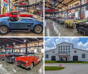 A collage of four photos showcasing Barry's Car Barn in Lancaster County, Pennsylvania. The top left photo features a blue Shelby AC Cobra and a row of classic muscle cars in various colors. The top right photo shows an indoor exhibit with a collection of vintage Corvettes and retro automotive signs from brands like Texaco and Gulf. The bottom left photo displays a row of colorful classic cars, including a red 1955 Chevrolet Bel Air, set against a backdrop of nostalgic memorabilia. The bottom right photo captures the exterior of Barry's Car Barn, a white barn-style building with vintage Gulf and Texaco signs, surrounded by a grassy area and a clear blue sky. The museum highlights American muscle cars from the 50s, 60s, and 70s.