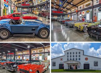 A collage of four photos showcasing Barry's Car Barn in Lancaster County, Pennsylvania. The top left photo features a blue Shelby AC Cobra and a row of classic muscle cars in various colors. The top right photo shows an indoor exhibit with a collection of vintage Corvettes and retro automotive signs from brands like Texaco and Gulf. The bottom left photo displays a row of colorful classic cars, including a red 1955 Chevrolet Bel Air, set against a backdrop of nostalgic memorabilia. The bottom right photo captures the exterior of Barry's Car Barn, a white barn-style building with vintage Gulf and Texaco signs, surrounded by a grassy area and a clear blue sky. The museum highlights American muscle cars from the 50s, 60s, and 70s.