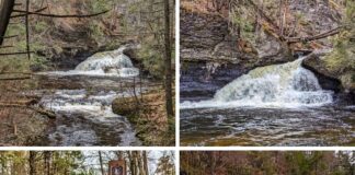 A collage of four photos highlighting different aspects of Hackers Falls in Pike County, Pennsylvania. The top left image shows the waterfall flowing through a forested area, framed by trees. The top right image captures a close-up of the main waterfall cascading over a rocky ledge into a pool below. The bottom left image features a gravel trail with a signpost indicating the Cliff Trail and Hackers Trail, set within dense woodland. The bottom right image displays the waterfall from a wider angle, showcasing the cascading water over multiple rocky steps, surrounded by lush greenery.